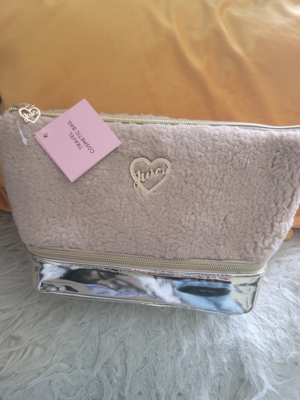 Juicy Couture beige Sherpa And GOLD TONE TWO SECTION COSMETIC TRAVEL BAG